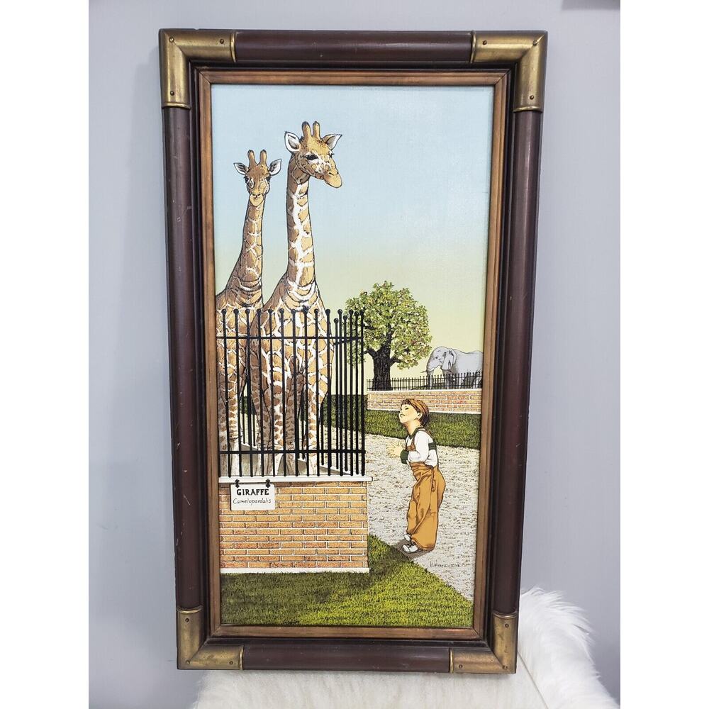 H. HARGROVE Framed GICLEE Print BOY WITH GIRAFFES Vintage Zoo Nursery Decor